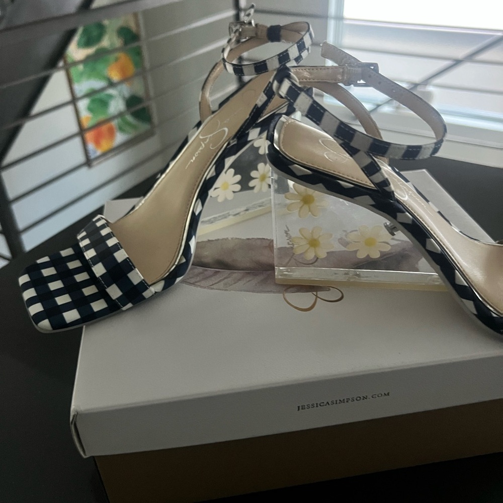 Jessica Simpson Gingham Wedges / Clear Heels w/ Daisies Navy Blue Gingham - NIB - Picture 3 of 6